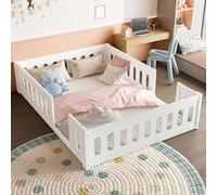 Trdlpyn Letto per Bambini 140 x 200 con Ringhiera, Montessori Letto a Terra Bambino, Struttura letto in Legno Massiccio, Bianco(Senza Materasso) Nessuna Rete a Doghe