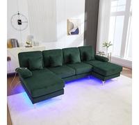 Trdlpyn Moderno Divano a U con illuminazione Ambientale a LED e Porta USB-C, Divano in Velluto 4 Posti con Schienale per Soggiorno, Delicato sulla pelle e Confortevole, Verde Scuro