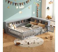 Trdlpyn Montessori Letto a Terra per Bambini 140 x 200CM, Comodino con Vano Contenitore, Presa e USB, letto Piazza e Mezza per Bambini, Struttura letto in Legno Massiccio, con Rete a doghe,Grigio
