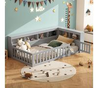Trdlpyn Montessori Letto a Terra per Bambini 90 x 200CM, Comodino con Vano Contenitore, Presa e USB, letto Piazza e Mezza per Bambini, Struttura letto in Legno Massiccio, con Rete a doghe, Grigio
