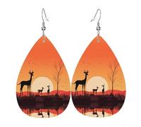 Tre cervi al tramonto orecchini in pelle stampata su entrambi i lati int e forma di gocce d'acqua, creativi, leggeri e romanzi, colori vivaci e vivaci.