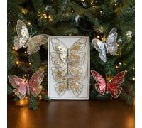 Tre ciondoli a forma di farfalla con decorazioni glitterate e trama a rete realistica per decorazione interna su più superfici e impostazioni tematiche (B-rosa)
