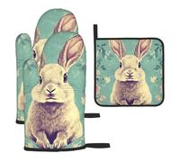 Tre conigli su uno sfondo verde resistenti al calore guanti da cucina colorati cuscinetti caldi, carino panettiere, regali da cucina per amanti della cucina cuochi mamma