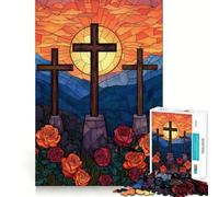 Tre croci con rose, vetrata artistica, 1000 pezzi, puzzle per ragazzi, gioco per esercitare la mente, momento di condivisione, taglio di precisione, pezzo da collezione 50x75cm
