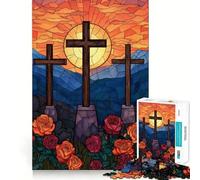 Tre croci con rose, vetrata artistica, puzzle da 1000 pezzi per ragazzi, gioco di logica stimolante, rilassante, con bordi chiari, sorpresa di compleanno 38x52cm