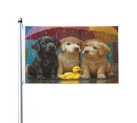 Tre cuccioli seduti sotto l'ombrello bandiere per la casa del cortile, 0,9 x 1,5 m, striscione di auguri con occhielli per interni ed esterni, decorazioni per la casa