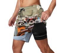 Tre Divertenti procioni Animali Pantaloncini da Spiaggia da Uomo con Fodera a Compressione, Costume da Bagno Elasticizzato ad Asciugatura Rapida
