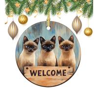 Tre gatti siamesi benvenuti albero di Natale ornamenti da appendere, 2 pezzi, 7,2 cm, rotondi su entrambi i lati
