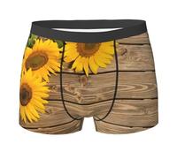 Tre girasoli degli uomini su biancheria intima di stampa di legno Boxer Briefs,Biancheria intima ultra Comfortsoft degli uomini,Mutande elastiche traspiranti, Nero , S Plus