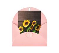 Tre girasoli su biglietti di stampa in legno con buste, fibbia verticale d'amore vuota carta perla imballaggio auguri di vacanza