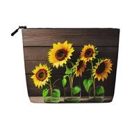 Tre girasoli su stampa in legno borsa da toilette borsa cosmetica grande capacità borsa trucco da viaggio per le donne per uso quotidiano viaggio, Nero , Taglia unica