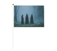 Tre streghe nella foresta nebbiosa piccole bandiere tenute in mano, mini bandiere su bastone per feste, attività di squadra, parate, decorazione per le vacanze, confezione da 10