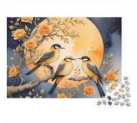 Tre Uccelli Gialli Blu Puzzle per Adulti Puzzle 1000 Pezzi Ramo Floreale Notte di Luna Puzzle per Famiglia Relax Focus 70x50cm/1000pcs