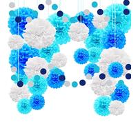 TREABEAR 30PCS Fiori di Carta per Decorazioni, Decorazioni Compleanno Blu, Addobbi Carnevale Pompom, Decorazione con Nastro Rotondo, Decorazioni Battesimo Fiori di Carta Crespa
