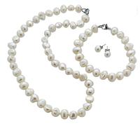 TreasureBay - Parure di gioielli da donna con collana, bracciale e orecchini, composti da perle barocche naturali da 11-12 mm, grado AA e Argento, colore: bianco, cod. TBC718LXS