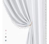Treatmentex Tende oscuranti bianche per camera da letto con pom-pon, isolanti termici, oscuranti, per finestre, 160 cm, lunghezza 127 cm, 2 pezzi
