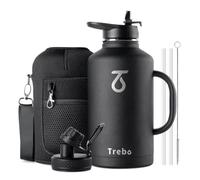 Trebo - Borraccia termica da 1,9 l con manico, in acciaio inox, grande brocca da viaggio, con beccuccio a cannuccia, ampia apertura, con tasca portatile, mantiene le bevande calde e fredde, nera