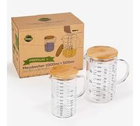 TreeBox Set di 2 misurini in vetro con beccuccio, 1 L e 0,5 L, resistente al calore, lavabile in lavastoviglie e adatto al microonde, diverse unità di misura perfetto per cuocere cucinare e mescolare