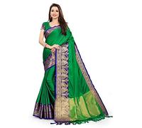 TreegoArt Fashion Abbigliamento etnico da donna in cotone e seta saree indiano con camicetta scucita -(Richa-GreenBlue)