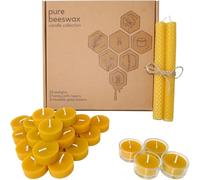 Treehouseco Set di 20 lumini in pura cera d'api, 2 candele coniche a nido d'ape e 4 supporti in vetro riutilizzabili, lumini a lunga combustione e candele lunghe, cera d'api atossica, ecologica