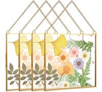 Treela 4 cornici in vetro doppio 15,7 x 15,7 cm, trasparenti da appendere, con cornici a fiori piazze pressate con catene per foto e foto di fiori secchi, decorazione murale, oro