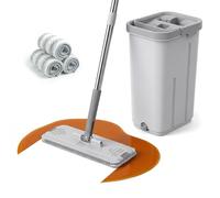 TreeLen Set Mocio Piatto e Secchio con Strizzatore, Sistema Lavapavimenti Hands-Free Autopulente, Include 3 Panni in Microfibra Lavabili, Mocio Uso Secco e Umido per Tutte le Superfici, Grigio