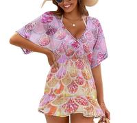 Treer Chiffon Copricostume da Bagno Donna Mare Scollo a V Bikini Cover Up Vestiti Donna Estate Abito da Spiaggia Interi Beachwear Spiaggia da Mare per Piscina Beach (Stampa in Scala 2,L)