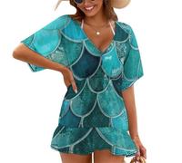 Treer Chiffon Copricostume da Bagno Donna Mare Scollo a V Bikini Cover Up Vestiti Donna Estate Abito da Spiaggia Interi Beachwear Spiaggia da Mare per Piscina Beach (Stampa in Scala 9,S)