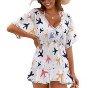 Treer Chiffon Copricostume da Bagno Donna Mare Scollo a V Bikini Cover Up Vestiti Donna Estate Abito da Spiaggia Interi Beachwear Spiaggia da Mare per Piscina Beach (Aeroplani Colorati,L)