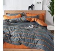 Treer Copripiumino una Piazza e Mezza 180x220cm, in Microfibra, Reversibile Biancheria da Letto Moderno Plaid Strisce 3 Pezzi, Copripiumone con Cerniera e 2 Federe, Arancione Grigio
