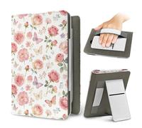 Treer Custodia Universale per Kindle Paperwhite 6.8-7 Pollici, con Stampa Floreale ad Acquerello, Cover in PU con Supporto, Tasca per Schede e Cinturino Anticaduta, Stile Pastorale (Rosso)