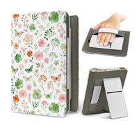 Treer Custodia Universale per Kindle Paperwhite 6.8-7 Pollici, con Stampa Floreale ad Acquerello, Cover in PU con Supporto, Tasca per Schede e Cinturino Anticaduta, Stile Pastorale (Verde 1)