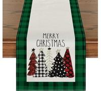 Treer Runner da Tavolo Natalizio, Centrino in Lino con Motivo a Albero di Natale, Rettangolare Lavabile Centro Tavolo Decorazione per Interni, Esterni, Feste, Soggiorno (33x229cm,Plaid Verde)