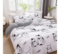 Treer Set Biancheria da Letto Matrimoniale, Stile Nordico Reversibile Microfibra Coppia Singolo Doppio Set Copripiumino con Copripiumini a Cerniera e 1/2 Federe (Gatto Bianco,220x240cm)