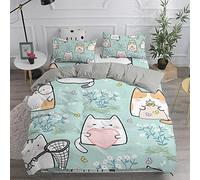 Treer Set Copripiumino Matrimoniale 200x200cm - Stampa Gatto Verde, 3 Pezzi, Include Copripiumino e 2 Federe 50x75cm, Chiusura a Cerniera, Tessuto 100% Microfibra, Reversibile