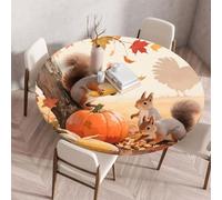 Treer Tovaglia Antimacchia Rotondo, Zucca Scoiattolo Tovaglia Rotondo con Bordo Eelastico, Tovaglie Lavabile Antiscivolo, Copritavolo Moderno Tonda per Picnic Cucina Casa (Arancione 1,110cm)