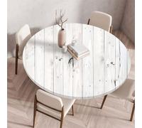 Treer Tovaglia Rotondo Antimacchia, Vecchie Assi di Legno Mollettone Tavolo Rotondo con Bordo Eelastico, Lavabile Copritavolo Antiscivolo Tovaglia Tonda per Picnic Cucina Casa (140cm,Bianco 2)