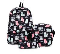 Treer Zaino per Bambini 3 Pezzi Zaini Scuola Media Superiore Elementare con Pranzo Astuccioe e Astuccio Set, Zainetti per Ragazze Ragazzo Borsa da Viaggio (Gatti neri,One size)