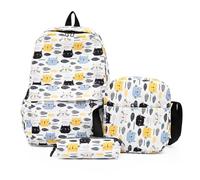 Treer Zaino per Bambini 3 Pezzi Zaini Scuola Media Superiore Elementare con Pranzo Astuccioe e Astuccio Set, Zainetti per Ragazze Ragazzo Borsa da Viaggio (Gatti pesci,One size)