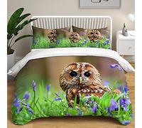 Treers Completo Copripiumino Stampa di Fiori e Uccelli Set Copri Piumone con Cerniera, 1x Copripiumino con 2X Federa 50x70 cm Biancheria da Letto Set Copripiumino (Gufo Marrone,220x240cm)