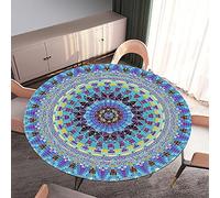 Treers Rotonda Tovaglia in Poliestere con Bordo Elastico, 3D Mandala Copritavolo Lavabile Impermeabile Antipolvere Tovaglia per Cucina Festa Giardino Decorazione da Tavola (Blu,Rotondo 90cm)