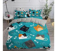 Treers Set di Biancheria da Letto di Matrimoniale 3 Pezzi 3D Gatto Stampa Digitale, Set Copripiumino in Microfibra con Federa e Copripiumino Chiusura Cerniera (Turchese,135x210cm)