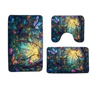 Trees Stained Glass Green Purple Magic Trees Enchanted Fairy Tale Butterfly Spring Natural Set Di Tappetini Da Bagno 3 Pezzi, Tappetino Da Bagno Lavabile Tappetino Contorno Wc Per Doccia La Casa