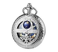 TREEWETO Orologi da tasca meccanici da uomo con numeri romani quadrante sole e luna scheletro con scatola e catene per uomo donna nero bronzo oro argento, Argento