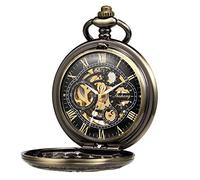 TREEWETO Orologio da tasca con catena, da uomo, analogico, carica manuale, doppia cassa, ingranaggi antichi, numeri romani, bronzo/nero/oro, bronzo, Antico