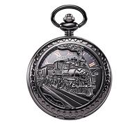 Treeweto - Orologio da tasca con catena, da uomo, analogico, caricamento a mano, decorazione con locomotiva a vapore, numeri romani, colore nero