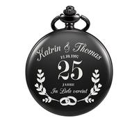 TREEWETO Orologio da tasca con incisione per matrimonio in argento, personalizzato con nome e data, idea regalo per coppie 25° anniversario di matrimonio, orologio da tasca al quarzo
