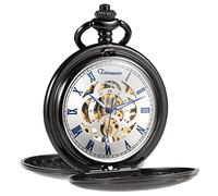 TREEWETO Orologio da tasca da uomo retrò liscio classico meccanico a carica manuale Steampunk numeri romani orologio da tasca per uomo donna con scatola catena, Blakc Blu