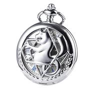 TREEWETO Orologio da tasca meccanico a doppia copertura, in metallo, con scheletro alchimistico steampunk, per uomo e donna, con scatola a catena, color argento, effetto anticato