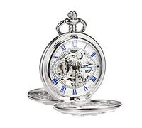 TREEWETO Orologio da tasca meccanico antico fortunato drago quadrante scheletro con catena per uomini donne + scatola, 6.silver bianco, 6. argento bianco